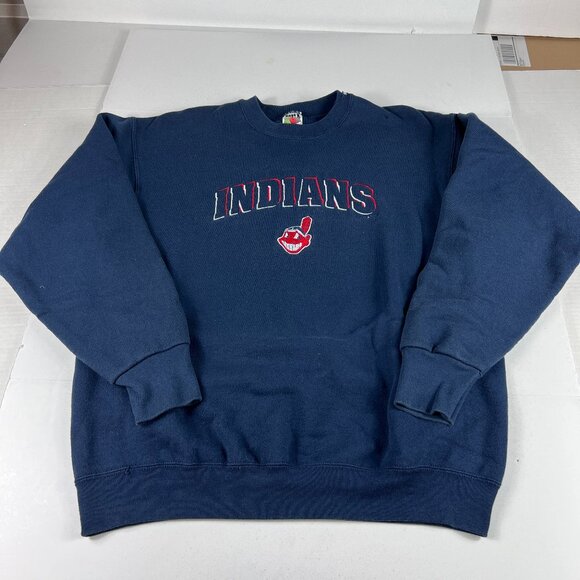 VTG 90s MLB Cleveland Indians Sweatshirt Large Blue Faded Embroidered Crewneck - Picture 1 of 15